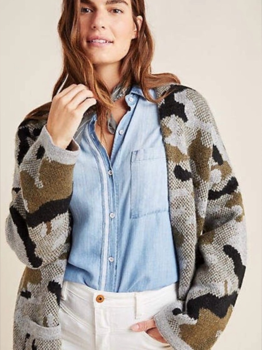 🌟Anthropologie🌟Grey, Olive & Black Camo Open-Front Cardigan